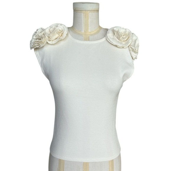 NEW J. CREW top rated Vintage rib rosette T-shirt in Cream Size Small - Picture 1 of 9